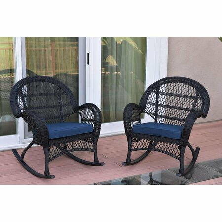 JECO W00211-R-2-FS011 Santa Maria Black Wicker Rocker Chair with Blue Cushion, 2PK W00211-R_2-FS011